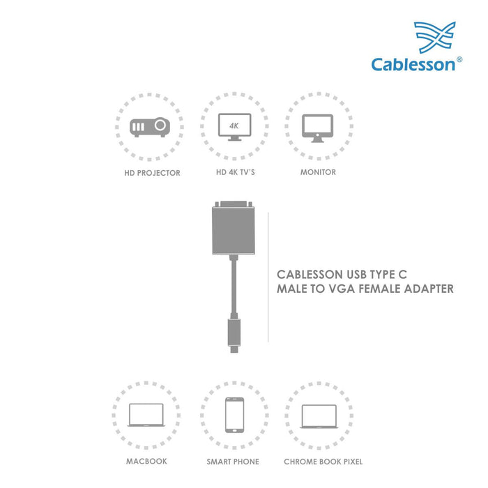 Cablesson USB Type C male to VGA female adapter with aluminum shells 0.23M 1080P@60Hz for Macbook Pro, Macbook, Google Chromebook Pixel, Dell XPS 13 / 15, Lenovo Yoga 900 - Black