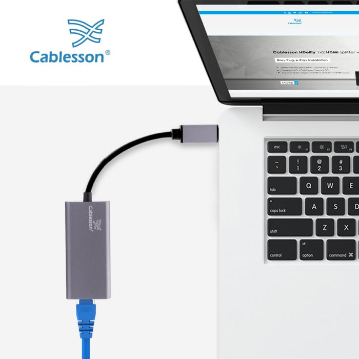 Cablesson USB Type C male to RJ45 adapter with aluminum shells 0.23M support 1000Mb (Gigabit LAN Network Port Connector Adaptor Converter Cable Wire Cord) for Type C Devices - Black