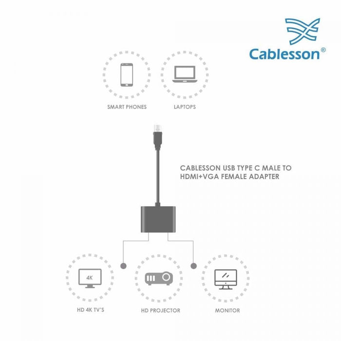 Cablesson USB Type C to HDMI+VGA Adapter 0.23M - Male to Female - 1080P/4K30Hz