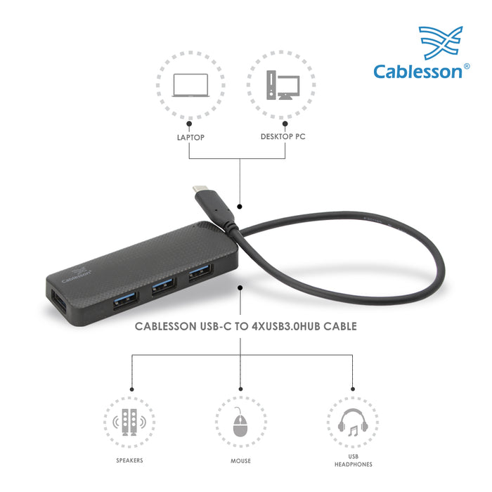 Cablesson USB-C to 4 x USB 3.0 HUB Cable 250mm - Black & White