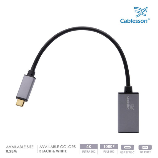 Cablesson USB Type C male to Mini DisplayPort female adapter with aluminum shells 0.23M 4K at 60Hz (UHD, 4Kx2K, Thunderbolt 3 Compatible) for Type C Devices - Black