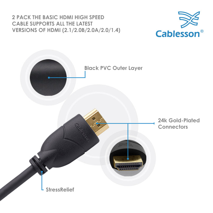 Cablesson Basic High Speed HDMI 2.0 Cable with Ethernet | 2m - Male to Male - 2 Pack