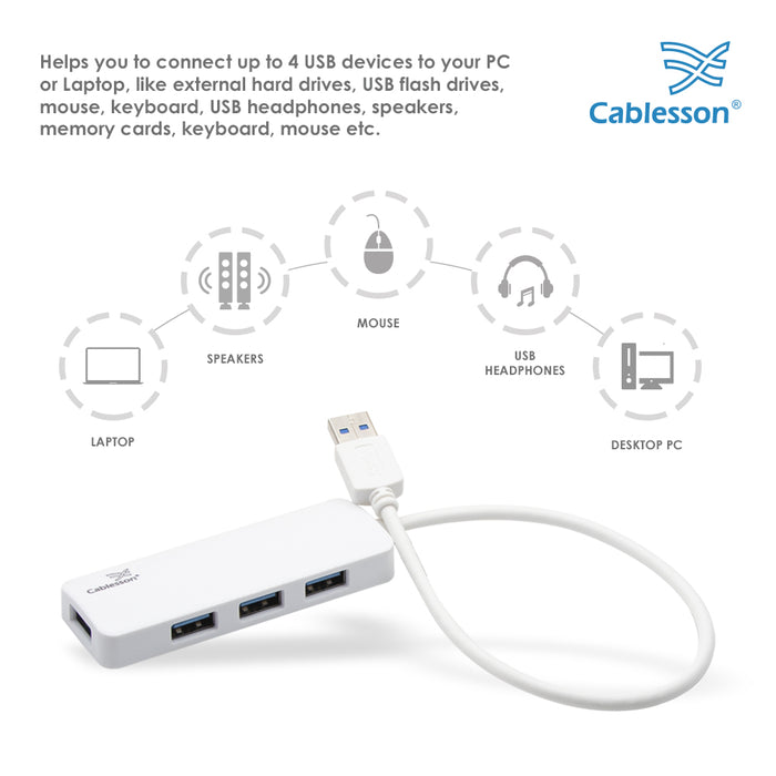 Cablesson USB to 4 x USB 3.0 HUB Cable - White