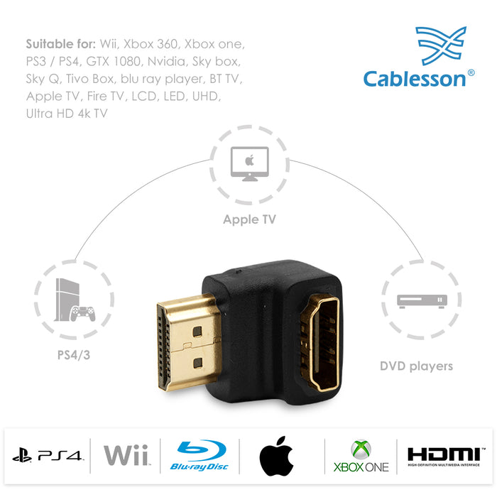 Basic 2m High Speed HDMI Cable with Ethernet and Cablesson Right Angle HDMI Adapter 90 Degree