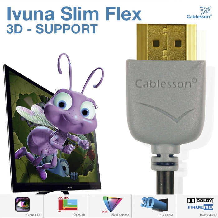 Cablesson Ivuna Slim Flex 1m High Speed HDMI Cable (HDMI Type A, HDMI 2.1/2.0b/2.0a/2.0/1.4) - 4K, 3D, UHD, ARC, Full HD, Ultra HD, 2160p, HDR - **Ultra Slim Design** - Grey - hdmicouk