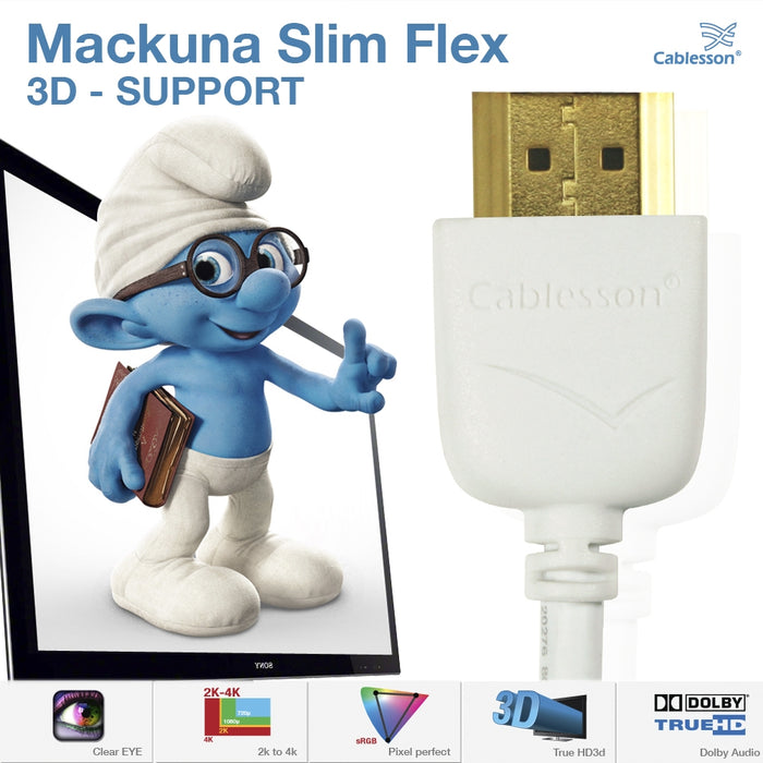 Cablesson Mackuna Slim Flex 1m High Speed HDMI Cable (HDMI Type A, HDMI 2.1/2.0b/2.0a/2.0/1.4) - 4K, 3D, UHD, ARC, Full HD, Ultra HD, 2160p, HDR - **Ultra Slim Design** - white - hdmicouk