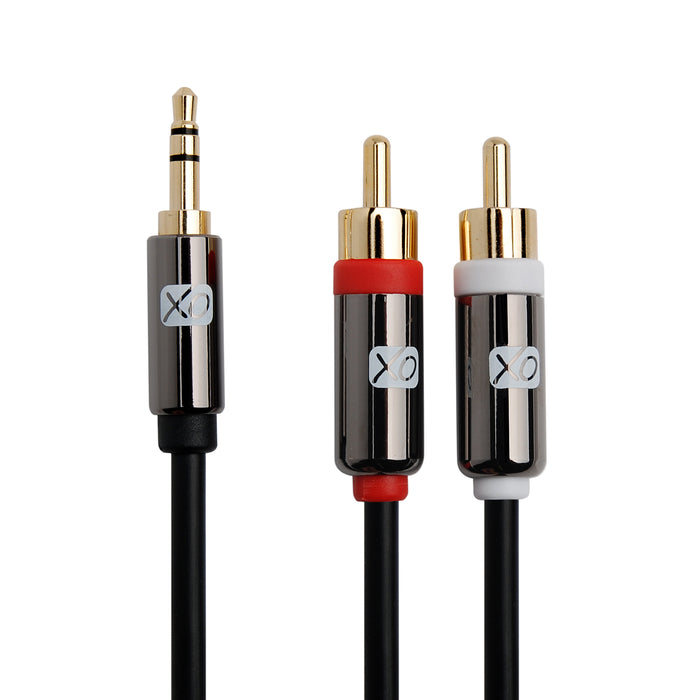 XO 3.5mm Male to 2 x RCA male Stereo Audio Cable - 3.5 jack to RCA Male to Male lead - 7.5m, Black - Gold plated connectors. - hdmicouk