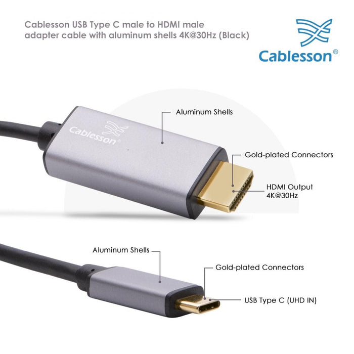 Cablesson 2M USB Type C male to HDMI male adapter cable with aluminum shells 4K at 30Hz (UHD 4Kx2K, Thunderbolt 3 ) Adapter Converter for iMac 2017, Macbook Pro 2017 2016 - Black