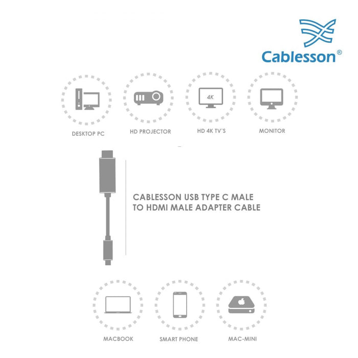 Cablesson USB Type C male to HDMI male adapter cable with aluminum shells 3M 4K@30Hz (Black)