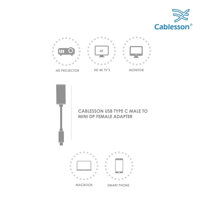 Cablesson USB Type C male to Mini DisplayPort female adapter with aluminum shells 0.23M 4K at 60Hz (UHD, 4Kx2K, Thunderbolt 3 Compatible) for Type C Devices - Black