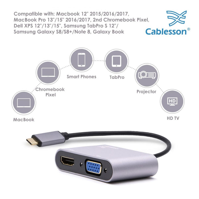 Cablesson USB Type C (M) to HDMI + VGA (F) adapter 0.23M 1080P/4K@30Hz (UHD Thunderbolt 3 Compatible) for MacBook 12, 2016 2017 MacBook Pro 13 15 Chromebook Dell HP More Type C Device - Black