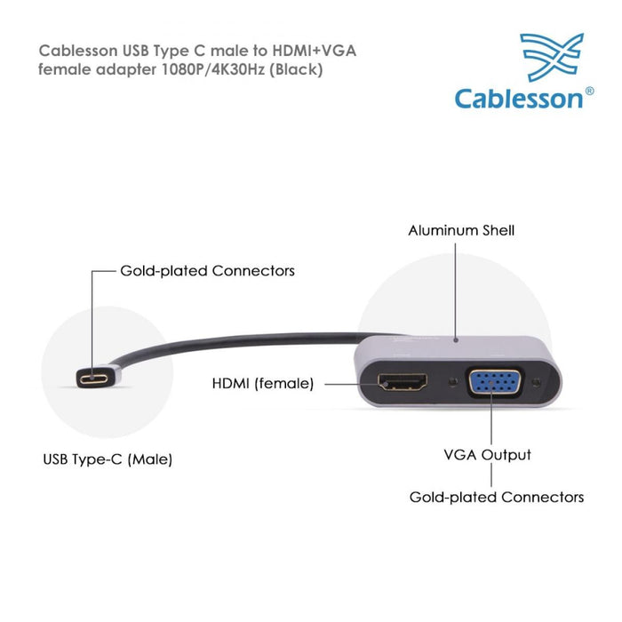 Cablesson USB Type C to HDMI+VGA Adapter 0.23M - Male to Female - 1080P/4K30Hz