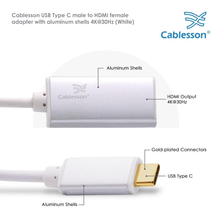Cablesson USB Type C male to HDMI female adapter with aluminum shells for Apple 12 inch Macbook, Macbook Pro, Dell XPS 13, XPS 15, Lenovo, ASUS Zen Book 3, Samsung S9, S8, Mate 10, P20 - White