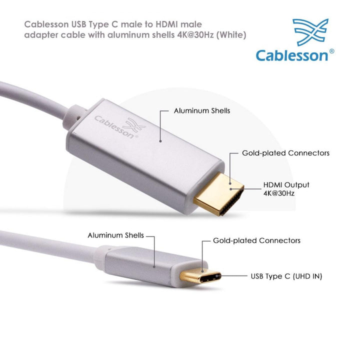 Cablesson 1M USB Type C male to HDMI male adapter cable with aluminum shells 4K at 30Hz (UHD 4Kx2K, Thunderbolt 3 Compatible) Adapter Converter for Samsung Galaxy S9 S8 Plus, Huawei P20 - White