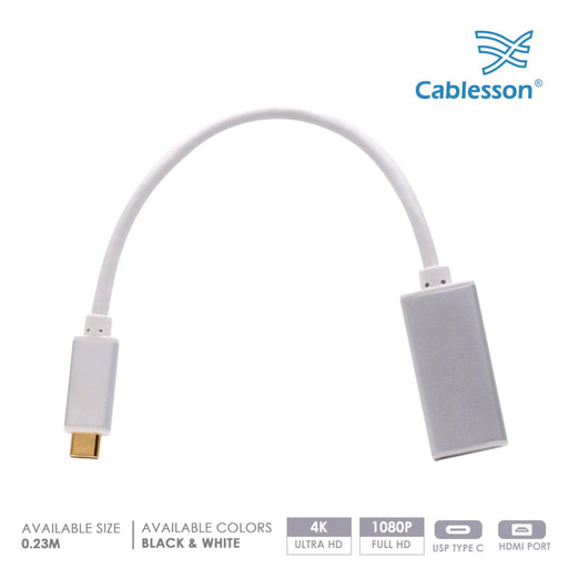 Cablesson USB Type C (M) to HDMI (F) adapter 0.23M 4K@60Hz Video (UHD Thunderbolt 3 Compatible) for Apple 12 inch Macbook, Lenovo, Huawei Matebook, ASUS Zen Book 3, Samsung S9, Mate 10, P20 - White