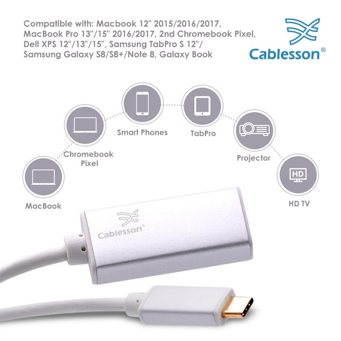 Cablesson USB Type C (M) to HDMI (F) adapter 0.23M 4K@60Hz Video (UHD Thunderbolt 3 Compatible) for Apple 12 inch Macbook, Lenovo, Huawei Matebook, ASUS Zen Book 3, Samsung S9, Mate 10, P20 - White