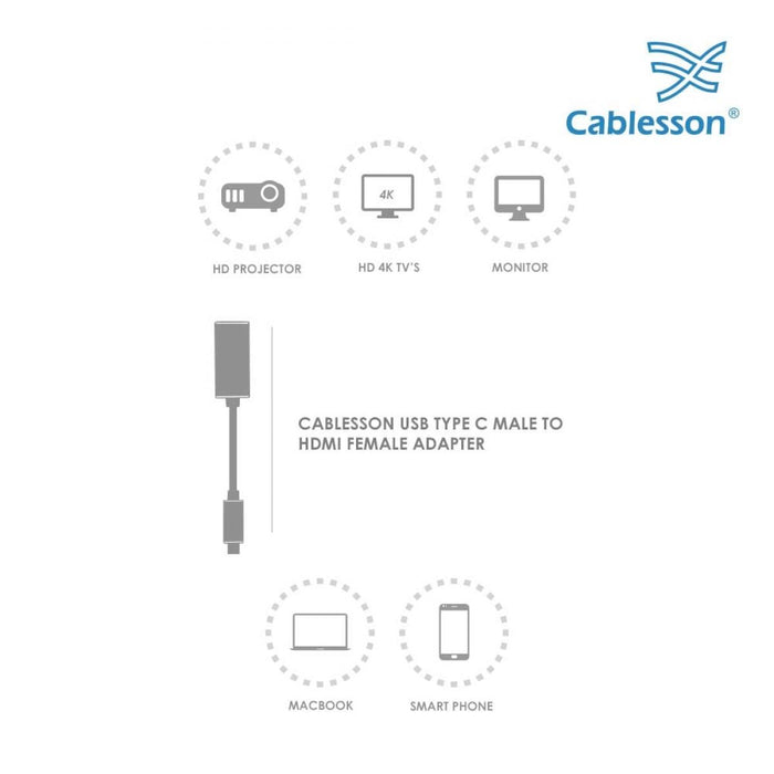 Cablesson USB Type C (M) to HDMI (F) adapter 0.23M 4K@60Hz Video (UHD Thunderbolt 3 Compatible) for Apple 12 inch Macbook, Lenovo, Huawei Matebook, ASUS Zen Book 3, Samsung S9, Mate 10, P20 - White