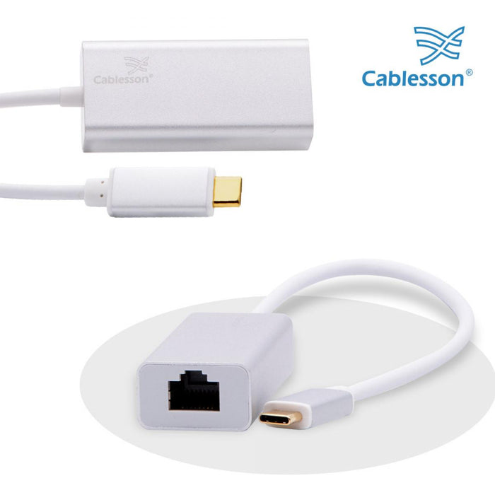 Cablesson USB Type C male to RJ45 adapter with aluminum shells 0.23M support 1000Mb (Gigabit LAN Network Port Connector Adaptor Converter Cable Wire Cord) for Type C Devices - White