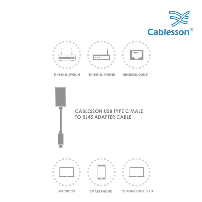 Cablesson USB Type C male to RJ45 adapter with aluminum shells 0.23M support 1000Mb (Gigabit LAN Network Port Connector Adaptor Converter Cable Wire Cord) for Type C Devices - White