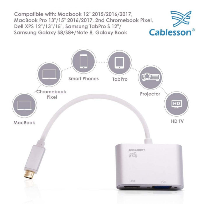 Cablesson USB Type C male to HDMI + VGA female adapter with aluminum shells 0.23M 1080P/4K at 30Hz (UHD, 4Kx2K, Thunderbolt 3 Compatible) for MacBook 12,2017 MacBook Pro 13 15