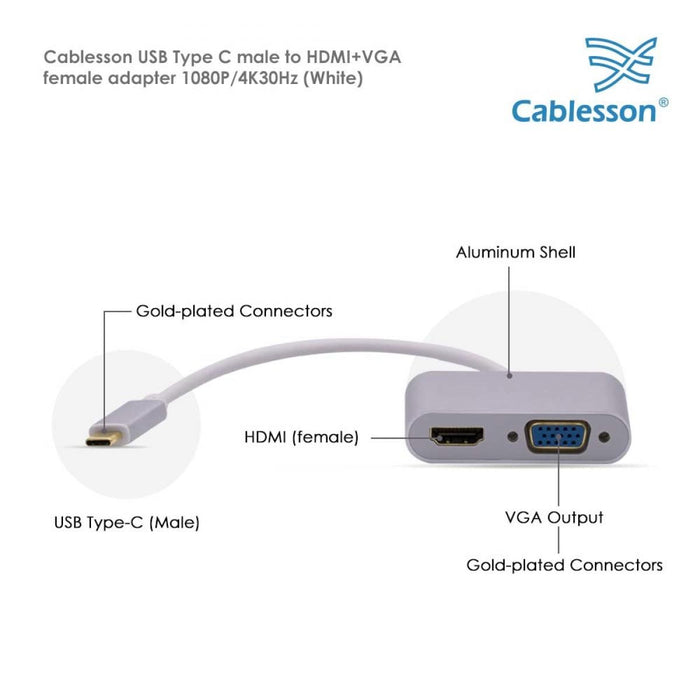 Cablesson USB Type C male to HDMI + VGA female adapter with aluminum shells 0.23M 1080P/4K at 30Hz (UHD, 4Kx2K, Thunderbolt 3 Compatible) for MacBook 12,2017 MacBook Pro 13 15