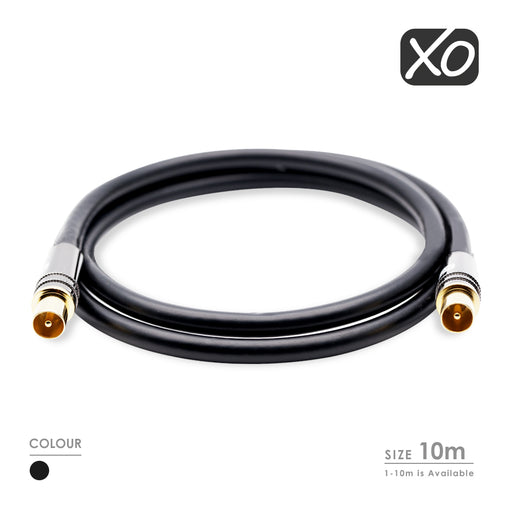 XO - 10m Male to Male Shielded TV/AV Aerial Coaxial Cable with Gold Plated Connector and Metal Plug For UHF / RF TVs, VCRs, DVD players, DVRs, cable boxes and satellite - Black - hdmicouk