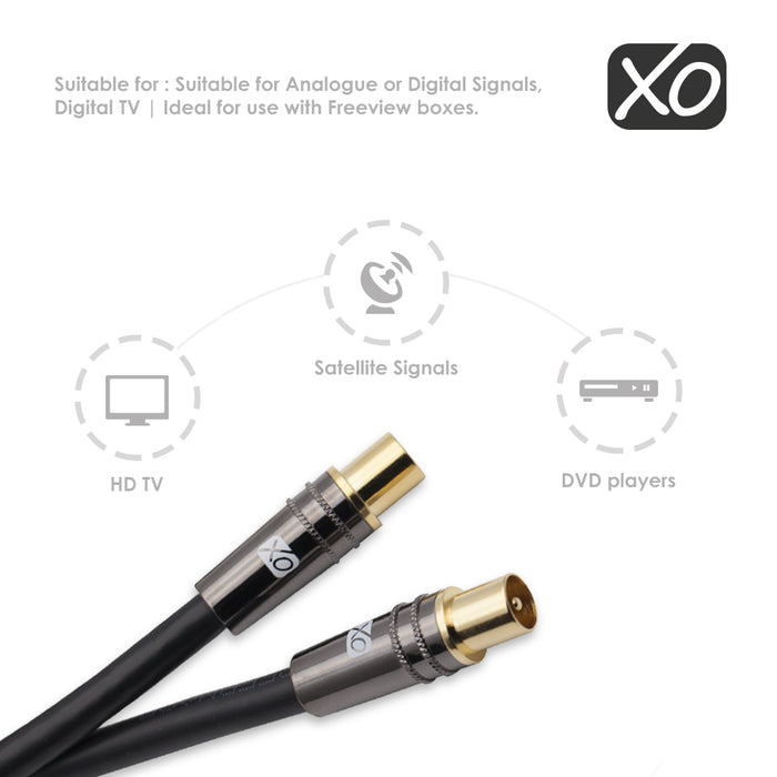 XO - 10m Male to Male Shielded TV/AV Aerial Coaxial Cable with Gold Plated Connector and Metal Plug For UHF / RF TVs, VCRs, DVD players, DVRs, cable boxes and satellite - Black - hdmicouk