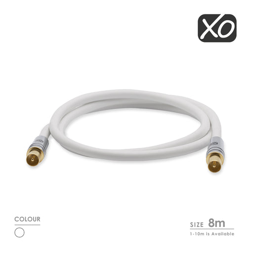 XO - 8m Male to Male Shielded TV/AV Aerial Coaxial Cable with Gold Plated Connector -White - hdmicouk