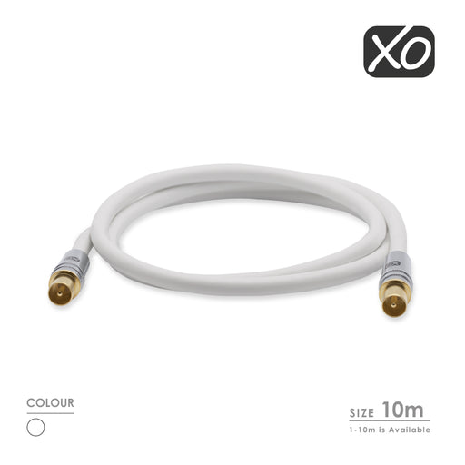 XO - 10m Male to Male Shielded TV/AV Aerial Coaxial Cable with Gold Plated Connector and Metal Plug - White - hdmicouk