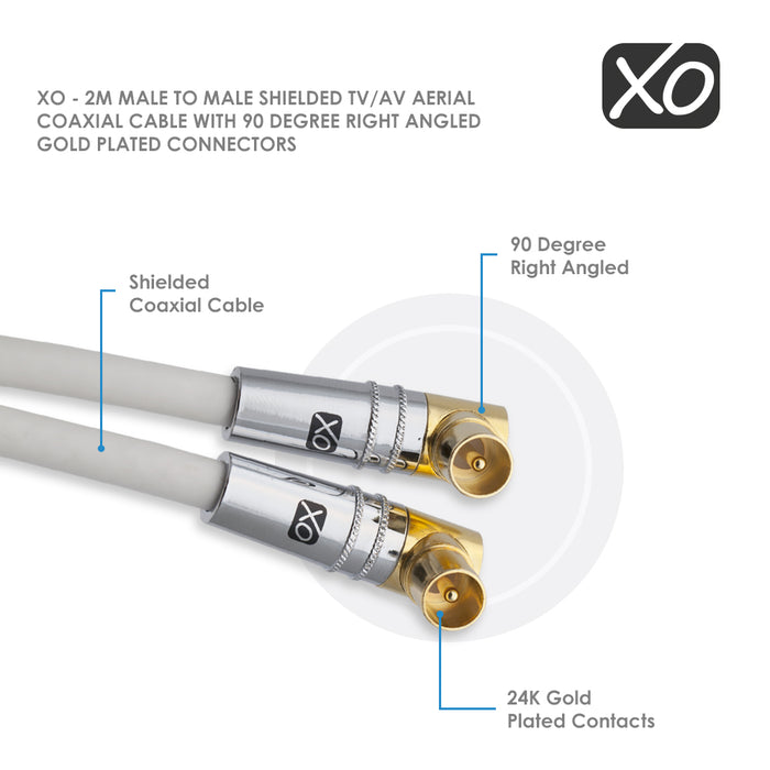 XO - 2m Male to Male Shielded TV/AV Aerial Coaxial Cable with Right Angled Gold Plated Connectors -White - hdmicouk