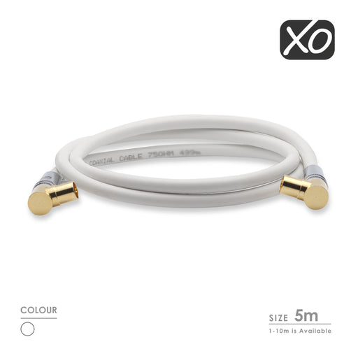 XO -Male to Male Shielded TV/AV Aerial Coaxial Cable Right Angled Gold Plated Connectors - White - hdmicouk