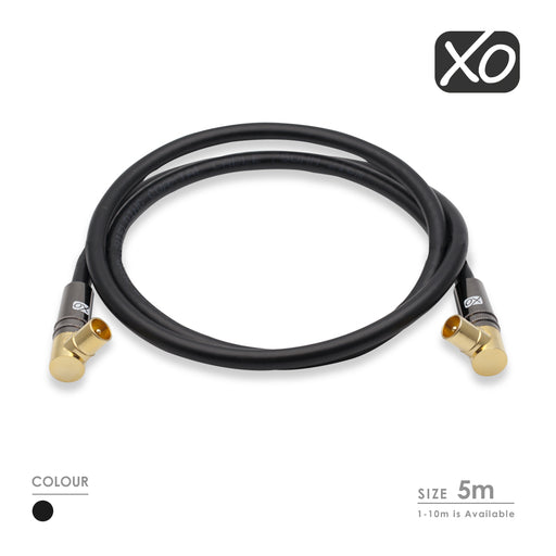 XO - 5m Male to Male Shielded TV/AV Aerial Coaxial Cable Right Angled Gold Plated - Black - hdmicouk
