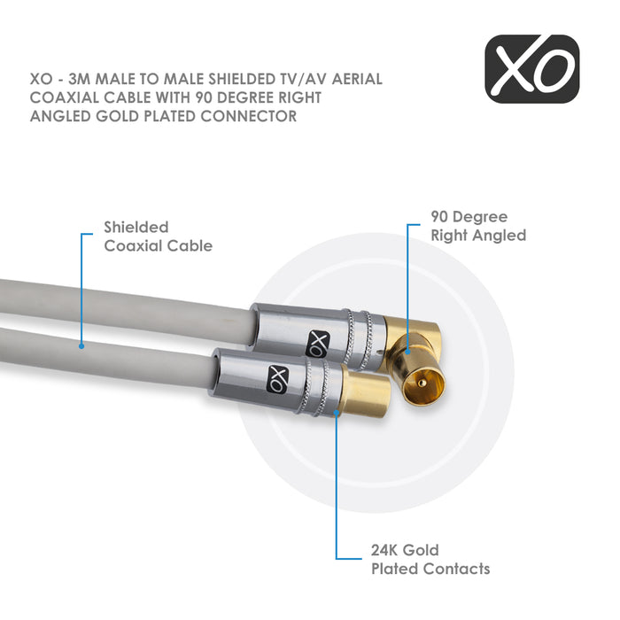 XO - Male to Male Shielded TV/AV Aerial Coaxial Cable with 90 Degree Right Angled Gold Plated Connector - 3m - White