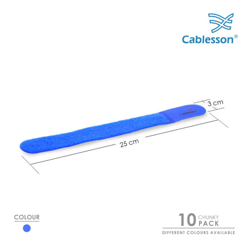 Cablesson Hook and Loop Nylon Velcro Cable Ties Chunky Pack of 10 - Blue - hdmicouk