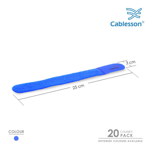 Cablesson Hook and Loop Nylon Velcro Cable Ties - Chunky Pack of 20 - Blue - hdmicouk