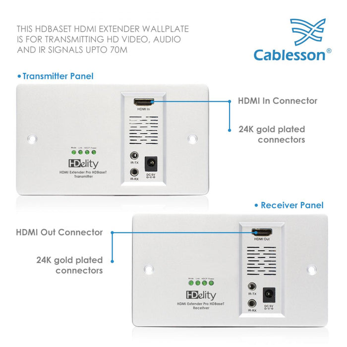 Cablesson HDelity HDBaseT 70m Extender - (70m) (HDMI + IR) 4Kx2K Ultra HD Over Single Cat5e/Cat6 /Cat7, RS232 with bidirectional IR Control. Support 3D, 1080p, 4k, Deep Colour, UHD, HDR, CEC - hdmicouk