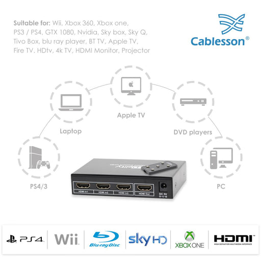 Cablesson HDelity Basic 3 x 1 HDMI 4K Switch With Remote Control - 3 Port Selector Switcher HDMI - hdmicouk