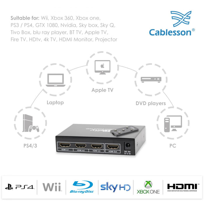 Cablesson HDelity Basic 3 x 1 HDMI 4K Switch With Remote Control - 3 Port Selector Switcher HDMI - hdmicouk