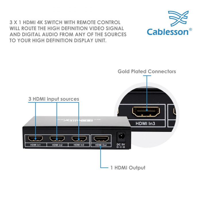 Cablesson HDelity Basic 3 x 1 HDMI 4K Switch With Remote Control - 3 Port Selector Switcher HDMI - hdmicouk