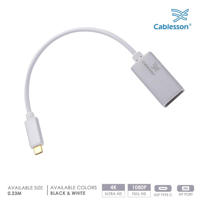 Cablesson USB Type C (M) to DisplayPort (F) Adapter 0.23M 4K@60Hz (DP v1.2a UHD Thunderbolt 3 Compatible) MacBook 12" Chromebook Pixel Asus Zen AiO PC Dell XPS 12/13/15 Type C Enabled Devices - White