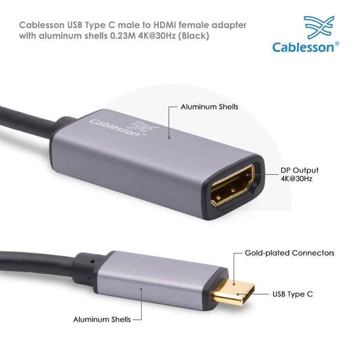 Cablesson USB Type C (M) to HDMI (F) adapter 0.23M 4K@30HzVideo (UHD Thunderbolt 3 Compatible) for Dell XPS 13 XPS 15 Lenovo Huawei Matebook ASUS Zen Book 3 Samsung S9 S8 Mate 10 P20 to TV - Black