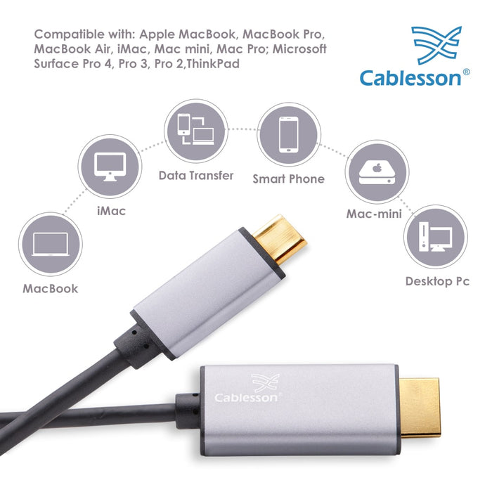 Cablesson 2M USB Type C male to HDMI male adapter cable with aluminum shells 4K at 30Hz (UHD 4Kx2K, Thunderbolt 3 ) Adapter Converter for iMac 2017, Macbook Pro 2017 2016 - Black