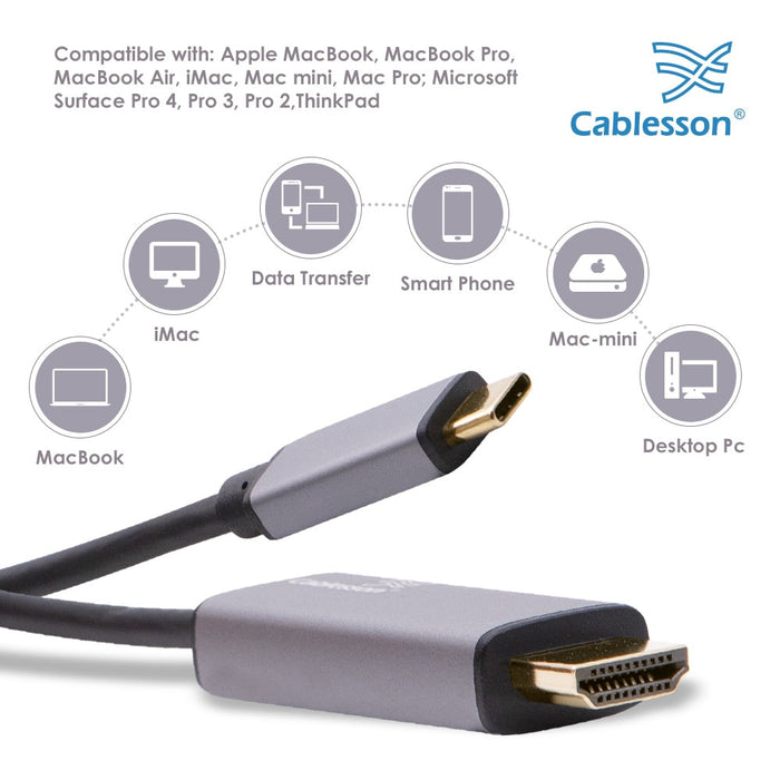 Cablesson USB Type C male to HDMI male adapter cable with aluminum shells 3M 4K@30Hz (Black)