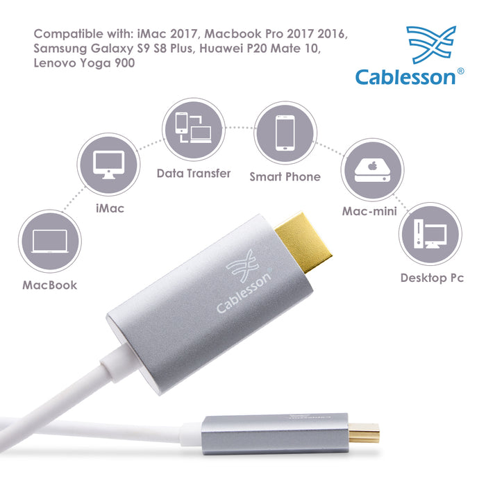 Cablesson 5M USB C (m) to HDMI 2.0 (m) adapter cable 4K@60Hz (Thunderbolt 3) Compatible with iMac 2017, Macbook Pro 2016/17, Samsung Galaxy S9/8 Plus, Huawei P20 Mate 10, Lenovo Yoga 900 SpaceGrey