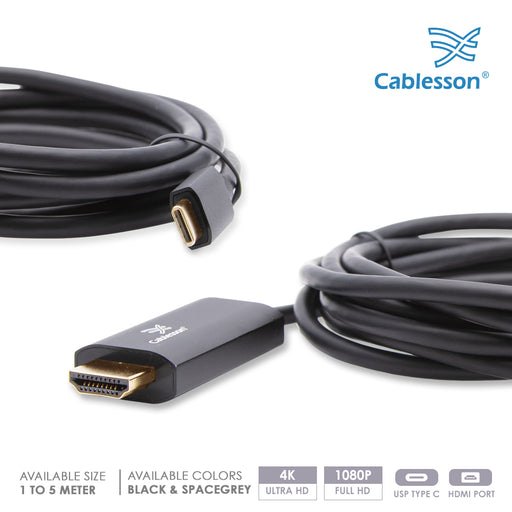 Cablesson 5M USB C (m) to HDMI 2.0 (m) adapter cable 4K@60Hz (UHD Thunderbolt 3) Compatible with iMac 2017, Macbook Pro 2016/17, Samsung Galaxy S9/8 Plus, Huawei P20 Mate 10, Lenovo Yoga 900 - Black
