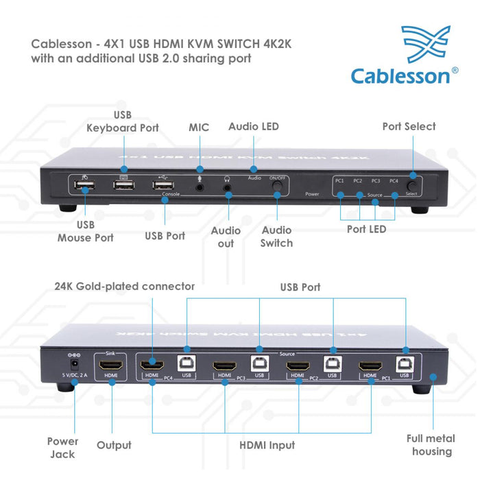 Cablesson - USB 3.0 HDMI 2.0 KVM 4x1 HDMI Switch - 4K2K