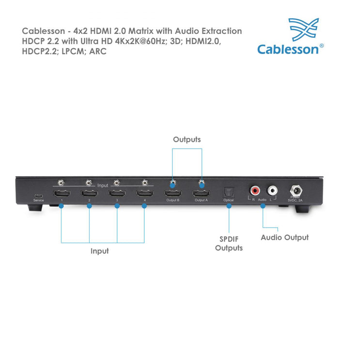 Cablesson - 4x2 HDMI Matrix with Audio Extraction HDCP 2.2