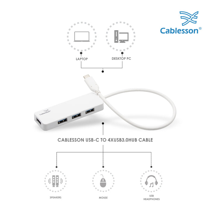 Cablesson USB-C to 4 x USB 3.0 HUB Cable - White