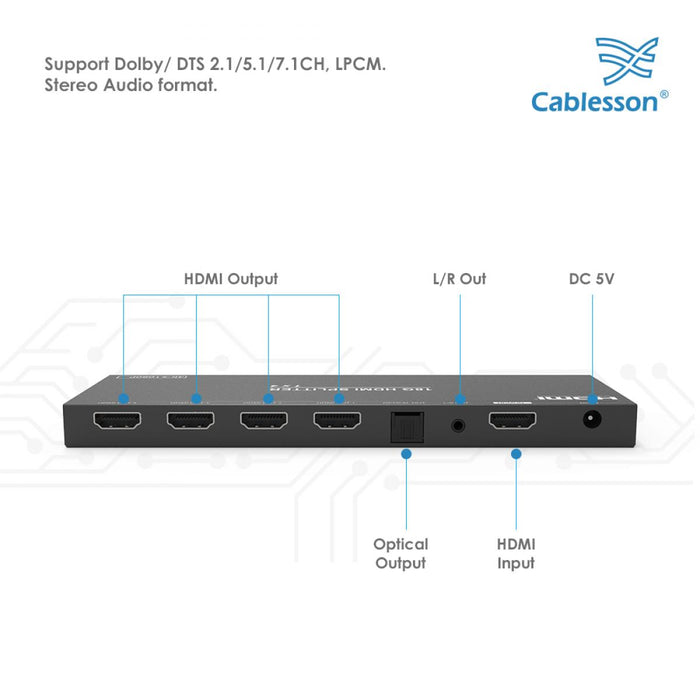 Cablesson 1x4 HDMI Splitter 18G 4:4:4 with Scaler Audio