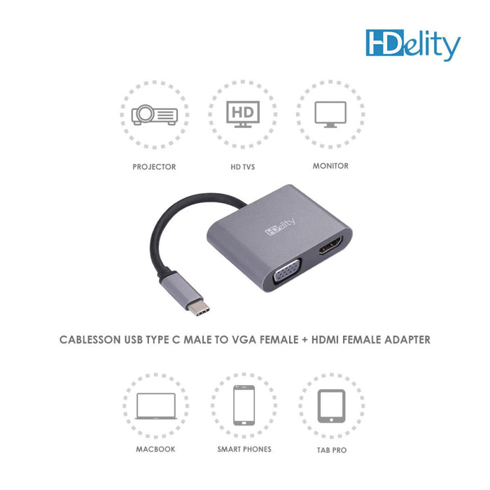 Cablesson USB Type C to VGA + HDMI 2.1 Adapter - Male to Female